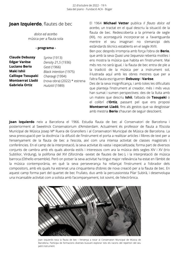 Joan Izquierdo. Flautes de bec. Dolce et acerbo