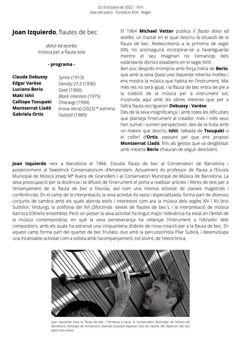 Joan Izquierdo. Flautes de bec. Dolce et acerbo